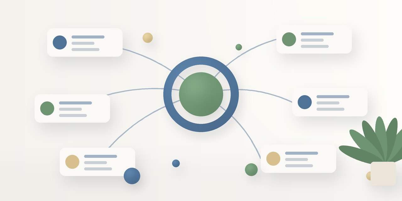 Abstract illustration of connected cards and circles linked to a central hub, in blue, green and sand tones