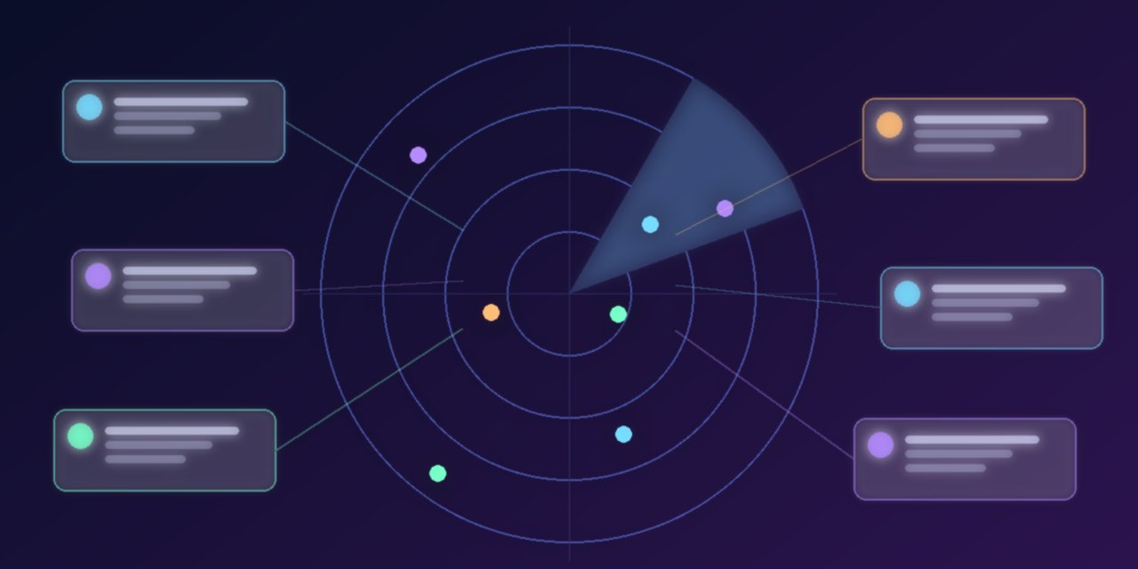 Abstract illustration of radar rings with glowing points and connected panels on a dark blue and violet background