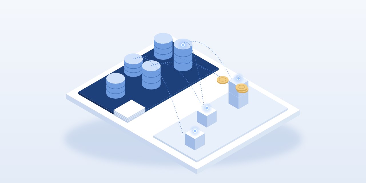 Isometric illustration of databases and documents on a dark panel linked by dotted lines to packaged cubes and gold coins